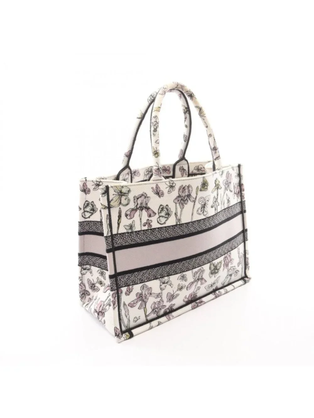 Dior Tote Bag Book White Black Multi Canvas Butterfly & Iris